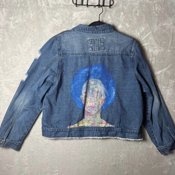 Abstract Portrait Art Denim Jacket | Indie Grunge Festival Jean Jacket - Picture 3 of 12